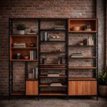 Regały modułowe loft | Stal czarny mat i drewno dębowe