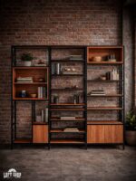 Regały modułowe loft | Stal czarny mat i drewno dębowe