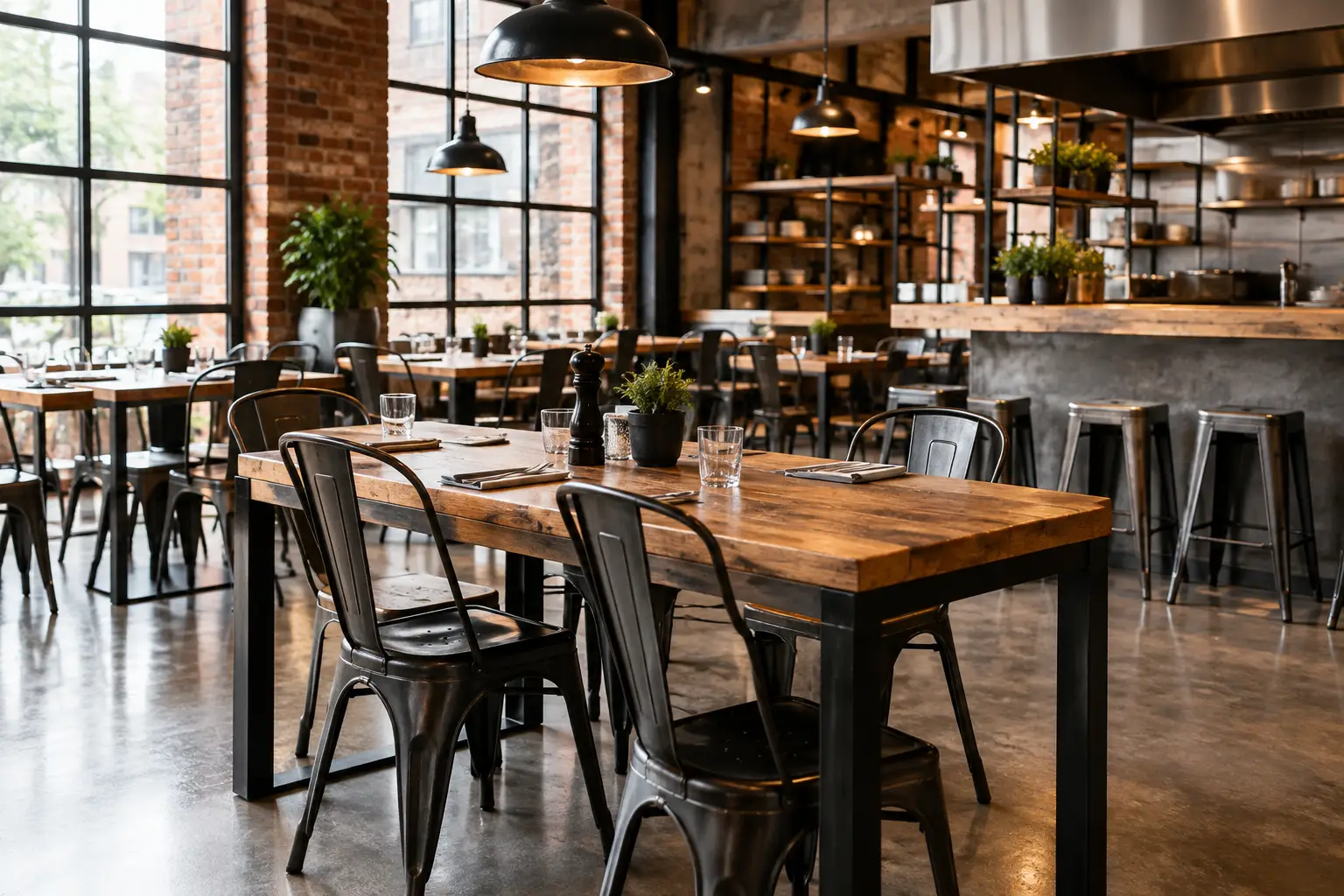 Wyposażenie restauracji loft, które pracuje latami